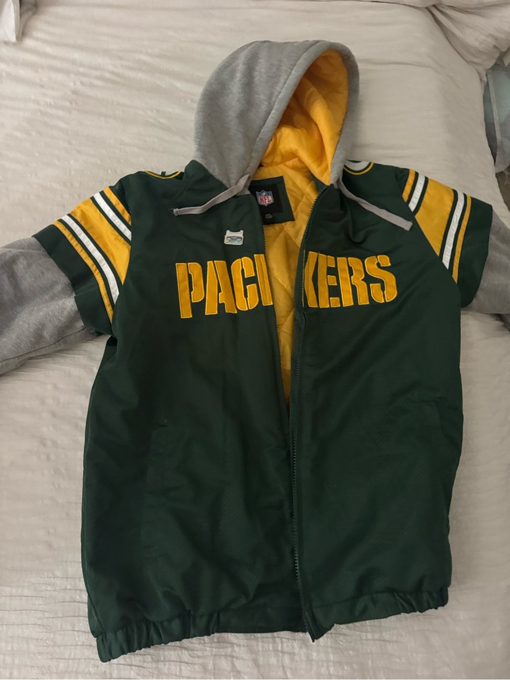 NFL Green & Yellow Packers Hooded Jacket with Gray Sleeves